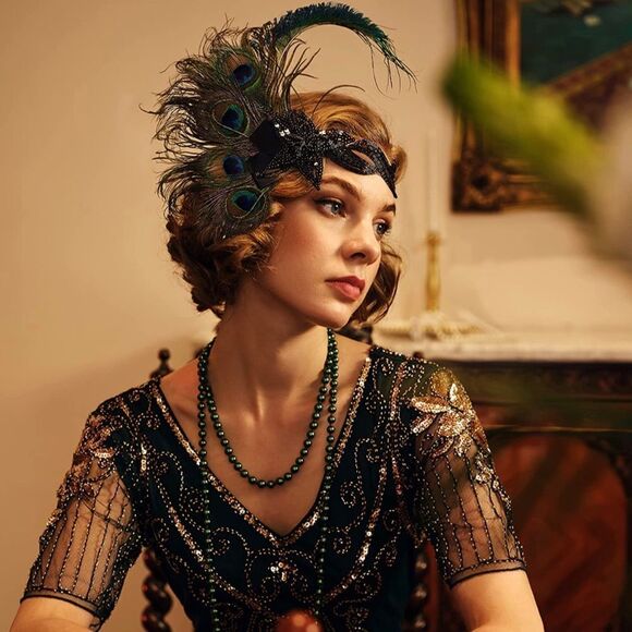 1920s Flapper Headpiece Peacock Feather Headband - Picture 3 of 4